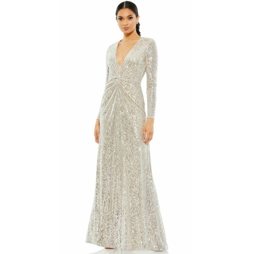 IEENA for Mac Duggal Silver Sequin Long Sleeve V-Neck Gown 26552 Nude Sz 12 NWT